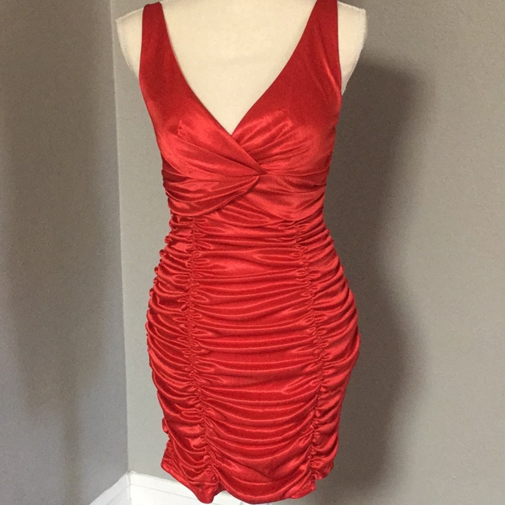 Red ruched plunge dress